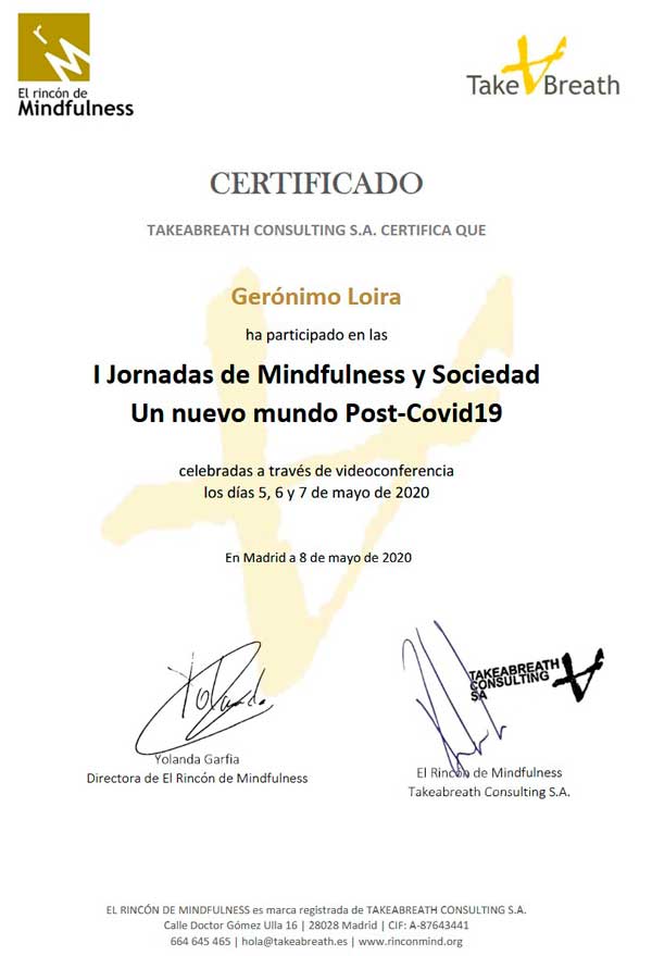 Sobre mí 5 Certificado I Jornadas Internacionales de Mindfulness y Sociedad El Rincon de Mindfulness
