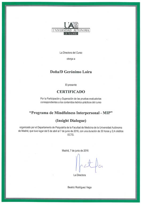 Sobre mí Certificado Titulo UAM Mindfulness Interpersonal