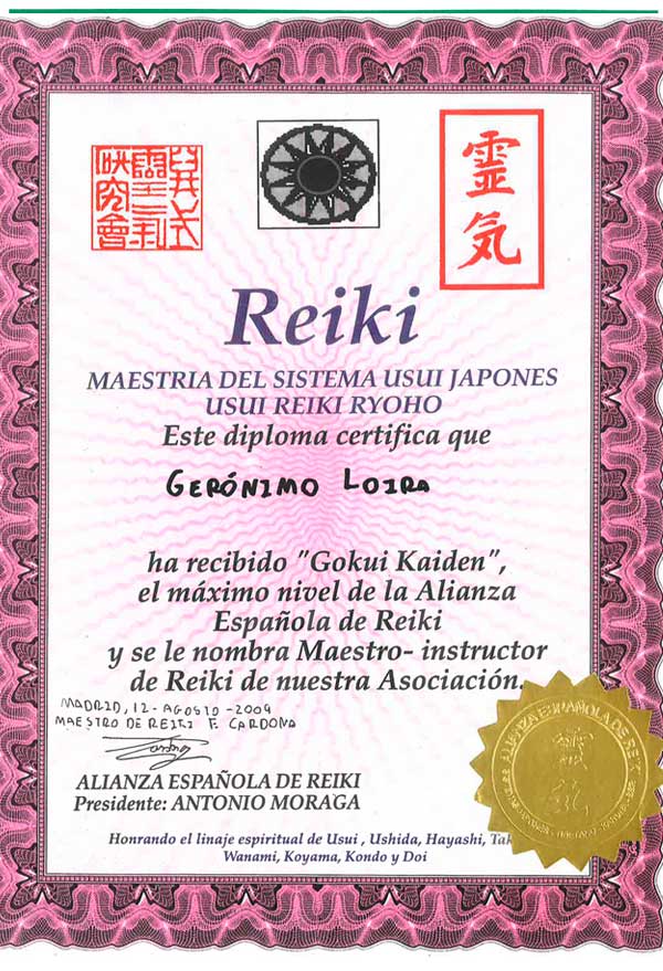 Sobre mí Diploma Reiki Master Geronimo Loira