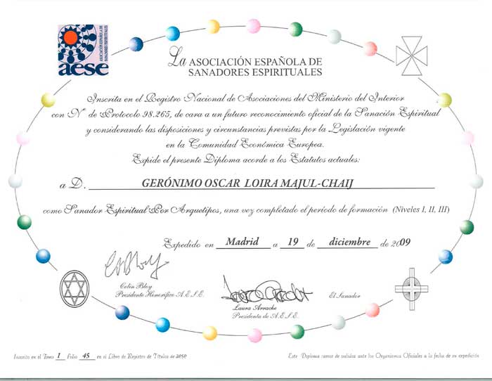 Sobre mí Diploma Sanador Espiritual por Arquetipos Geronimo Loira