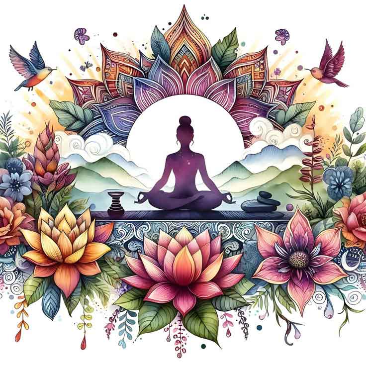 Dibujo de mujer meditando por la mañana con luz natural — práctica de mindfulness guiada por Gero Loira