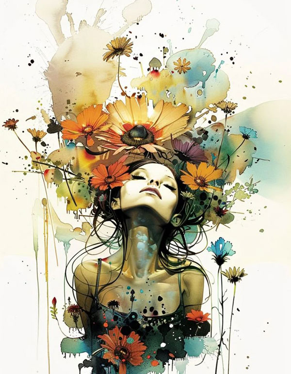 Mujer con flores brotando de su cabeza simbolizando la expansión de la conciencia y la sanación interior, inspirada en una Reflexión personal sobre la logoterapia de Gero Loira