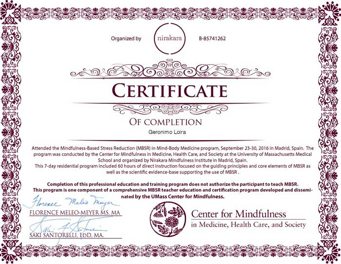Sobre mí certificate MBSR M B Medicine Gero