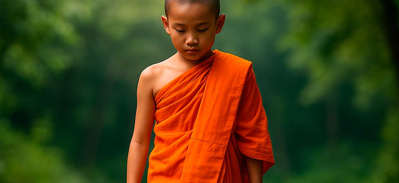monje caminando descalzo sobre tierra húmeda en actitud meditativa para ilustrar Cuento Zen El Jardín y la Lección del Pie